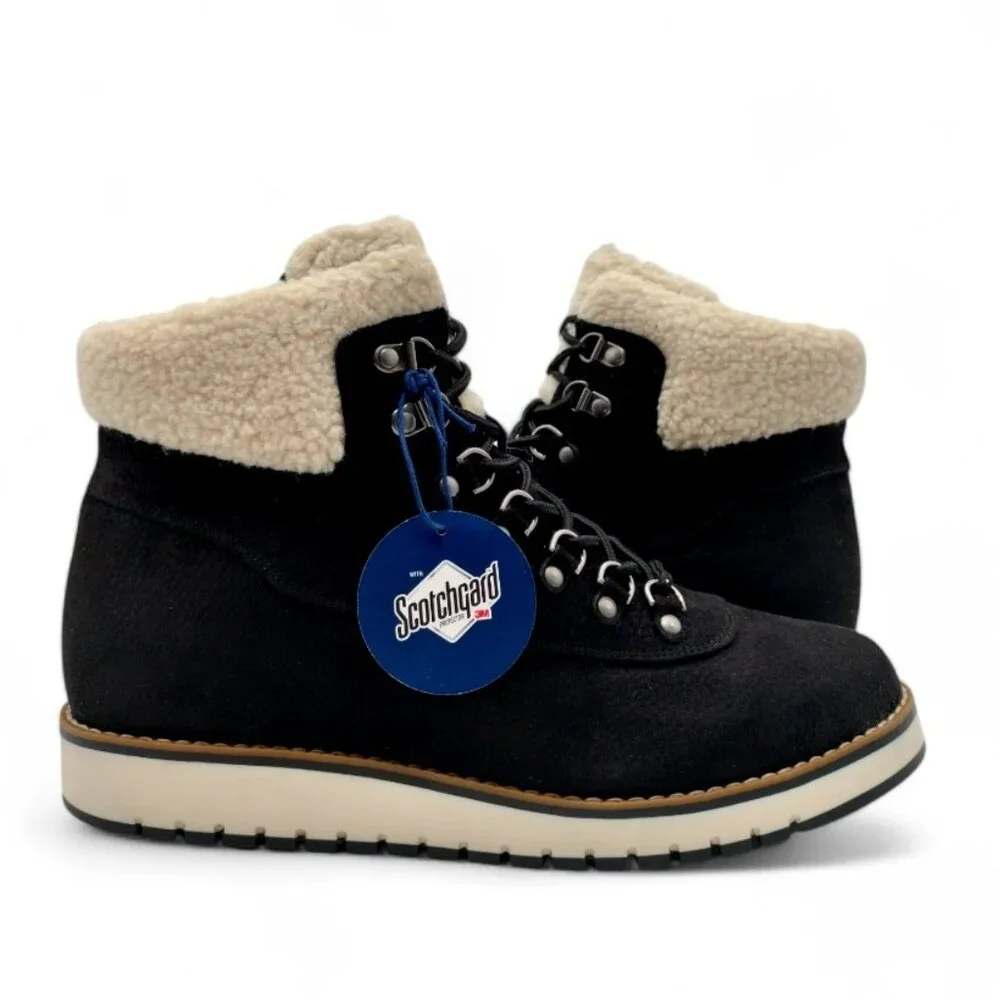 White Mountain Cozy Women’s 11 W Black Faux Shearling Wedge Heel Booties